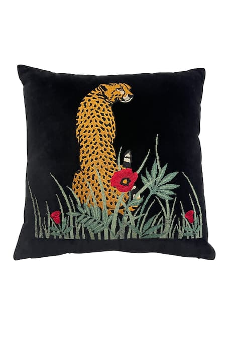 House of Inari Amazon Forest Leopard Embroidered Cushion Cover 