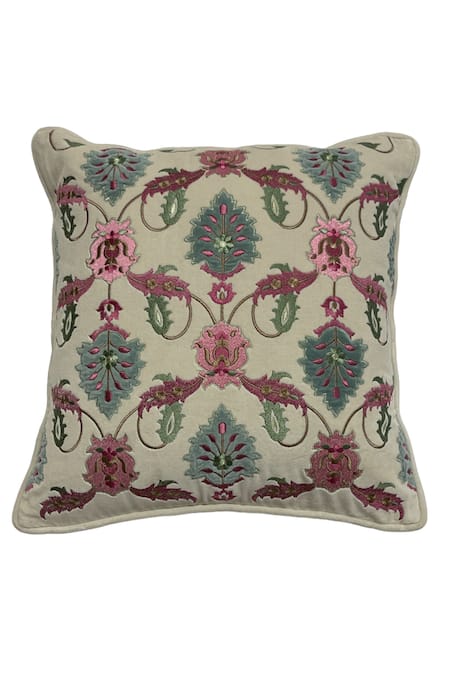 House of Inari Vintage Flower Embroidered Cushion Cover 