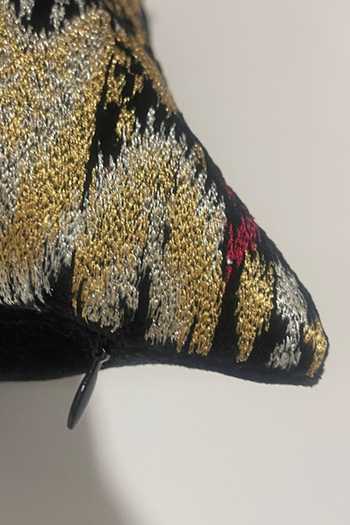 House Of Inari_Black 100% Cotton Velvet Ikat Opulence Embroidered Square Cushion Cover_Online_at_Aza_Fashions