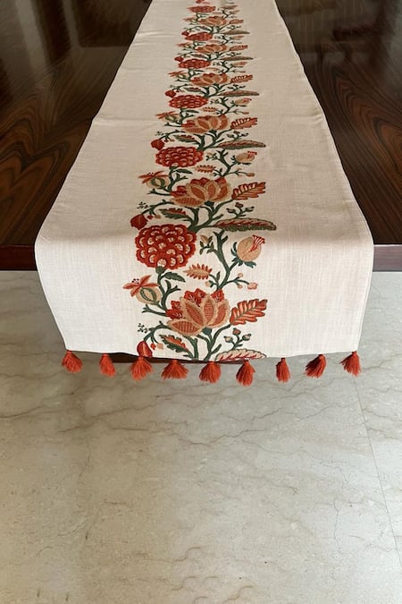 House of Inari Red 100% Cotton Floral And Tassels Embroidered Table Runner