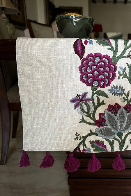Buy House Of Inari Wine 100% Cotton Floral, Tassels Work Table Runner Buy_House Of Inari_Wine 100% Cotton Floral, Tassels Work Table Runner