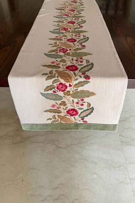 House Of Inari_Beige 100% Cotton Floral, Tassels And Embroidered Table Runner_Online_at_Aza_Fashions