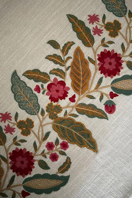 Shop_House Of Inari_Beige 100% Cotton Floral, Tassels And Embroidered Table Runner_Online_at_Aza_Fashions