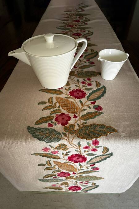 House Of Inari_Beige 100% Cotton Floral, Tassels And Embroidered Table Runner_at_Aza_Fashions