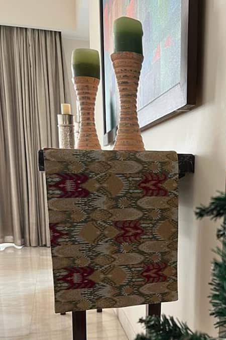 House Of Inari Green 100% Cotton Ikat, Zari Embroidered Table Runner Online at Aza Fashions House Of Inari_Green 100% Cotton Ikat, Zari Embroidered Table Runner_Online_at_Aza_Fashions