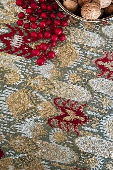 House Of Inari Green 100% Cotton Ikat, Zari Embroidered Table Runner at Aza Fashions House Of Inari_Green 100% Cotton Ikat, Zari Embroidered Table Runner_at_Aza_Fashions