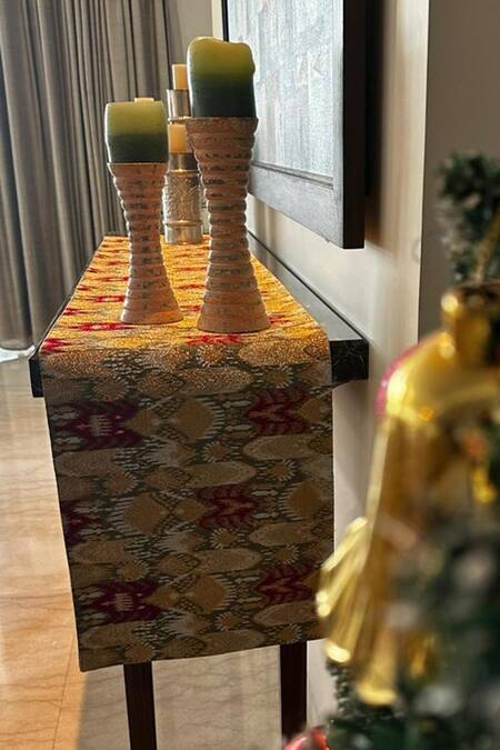 House Of Inari_Green 100% Cotton Ikat, Zari And Embroidered Table Runner_Online_at_Aza_Fashions