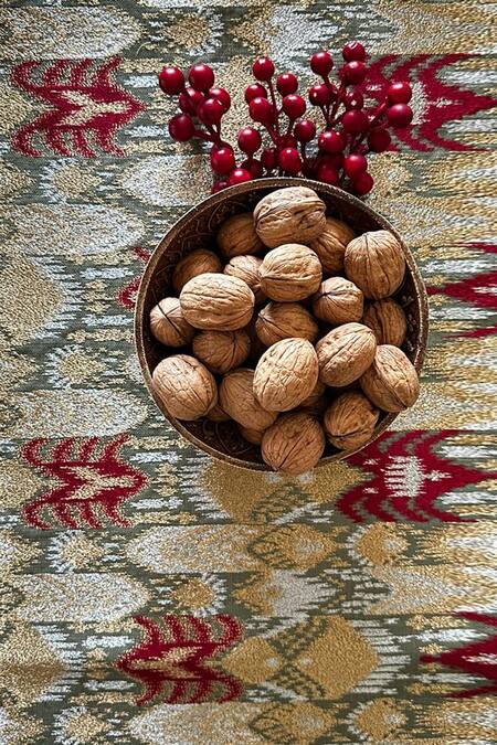 Shop_House Of Inari_Green 100% Cotton Ikat, Zari And Embroidered Table Runner_Online_at_Aza_Fashions