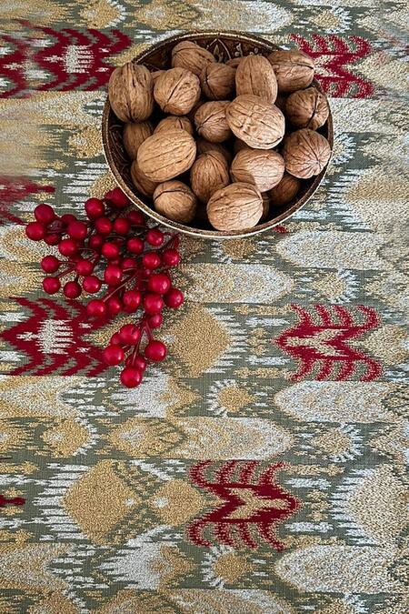 House Of Inari_Green 100% Cotton Ikat, Zari And Embroidered Table Runner_at_Aza_Fashions