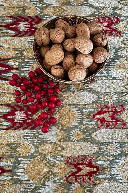 House Of Inari_Green 100% Cotton Ikat, Zari Work Table Runner_at_Aza_Fashions