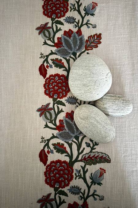 House Of Inari_Grey 100% Cotton Floral, Tassels And Embroidered Table Runner_Online_at_Aza_Fashions