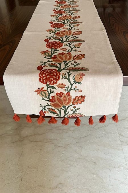 House of Inari Red 100% Cotton Floral Work Table Runner