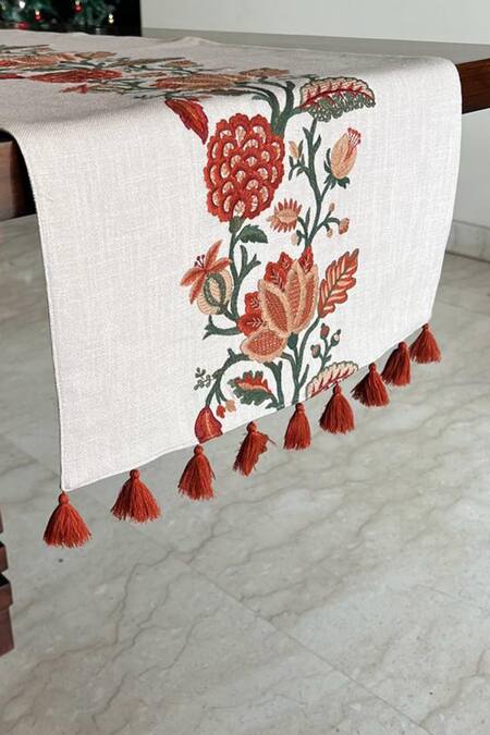 Shop House Of Inari Red 100% Cotton Floral, Tassels Work Table Runner at Aza Fashions Shop_House Of Inari_Red 100% Cotton Floral, Tassels Work Table Runner_at_Aza_Fashions