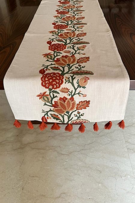 House of Inari Floral Embroidered Cotton Table Runner 