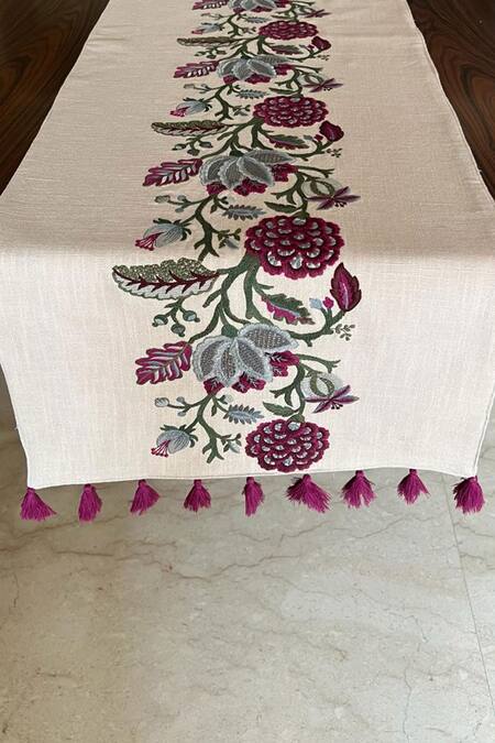 Shop House Of Inari Wine 100% Cotton Floral, Tassels Work Table Runner at Aza Fashions Shop_House Of Inari_Wine 100% Cotton Floral, Tassels Work Table Runner_at_Aza_Fashions