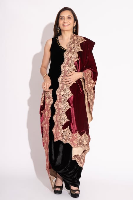 House Of Inari Wine Floral And Lace Embroidered Stole 