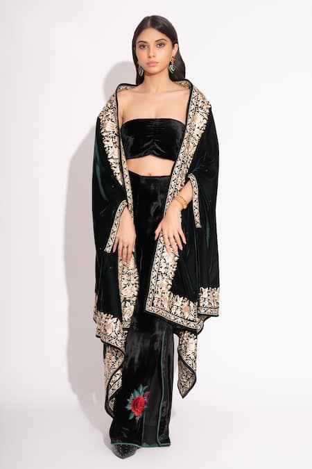 Buy_House Of Inari_Green Floral And Thread Embroidered Velvet Stole _Online_at_Aza_Fashions