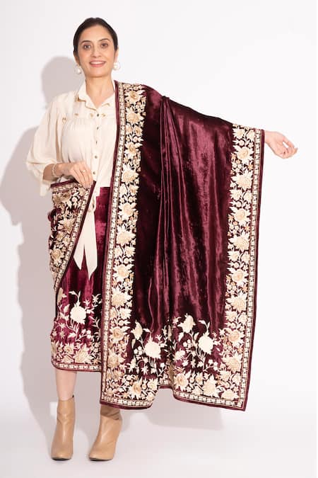 House Of Inari Floral & Thread Work Velvet Stole 