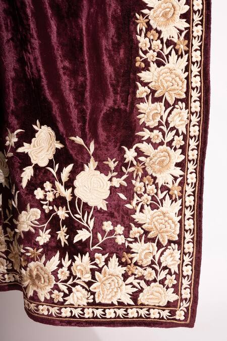House Of Inari_Wine Floral And Thread Work Velvet Stole _Online_at_Aza_Fashions