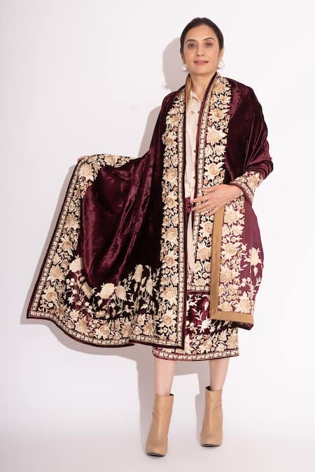 Buy_House Of Inari_Wine Floral And Thread Work Velvet Stole _Online_at_Aza_Fashions