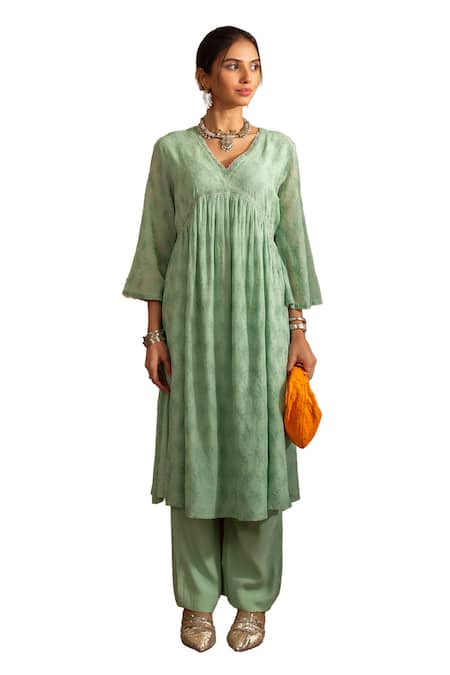 House Of Inari_Green Silk, Cotton Satin Embroidery V-neck Khus Gardenia Anarkali With Pant _Online_at_Aza_Fashions