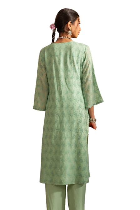 House Of Inari_Green Silk, Cotton Satin Embroidery V-neck Khus Gardenia Anarkali With Pant _at_Aza_Fashions