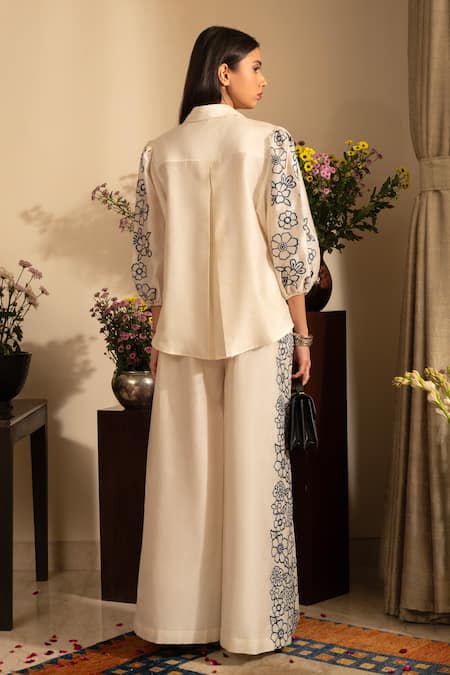 Shop House Of Inari Off White Silk, Chanderi Embroidery Collared Petunia Bloom Shirt With Pant at Aza Fashions Shop_House Of Inari_Off White Silk, Chanderi Embroidery Collared Petunia Bloom Shirt With Pant _at_Aza_Fashions