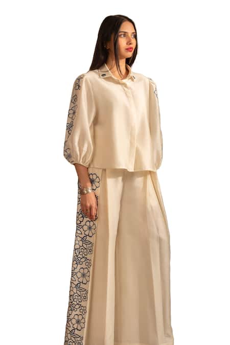 House Of Inari Off White Silk, Chanderi Embroidery Collared Petunia Bloom Shirt With Pant Online at Aza Fashions House Of Inari_Off White Silk, Chanderi Embroidery Collared Petunia Bloom Shirt With Pant _Online_at_Aza_Fashions
