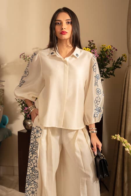 Buy House Of Inari Off White Silk, Chanderi Embroidery Collared Petunia Bloom Shirt With Pant Online at Aza Fashions Buy_House Of Inari_Off White Silk, Chanderi Embroidery Collared Petunia Bloom Shirt With Pant _Online_at_Aza_Fashions