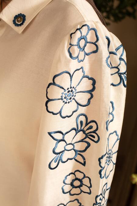 Shop House Of Inari Off White Silk, Chanderi Embroidery Collared Petunia Bloom Shirt With Pant Online at Aza Fashions Shop_House Of Inari_Off White Silk, Chanderi Embroidery Collared Petunia Bloom Shirt With Pant _Online_at_Aza_Fashions