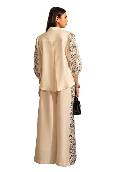 Buy House Of Inari Off White Silk, Chanderi Embroidery Collared Petunia Bloom Shirt With Pant Buy_House Of Inari_Off White Silk, Chanderi Embroidery Collared Petunia Bloom Shirt With Pant