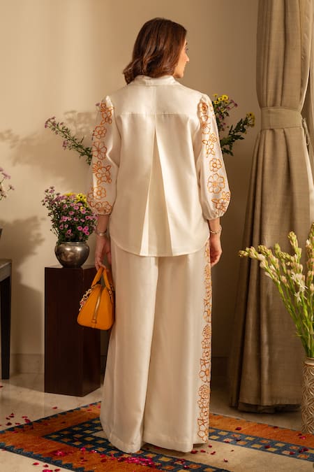 Shop House Of Inari Off White Pure Silk Chanderi Embroidery Blossom Collar Petunia Shirt With Pant at Aza Fashions Shop_House Of Inari_Off White Pure Silk Chanderi Embroidery Blossom Collar Petunia Shirt With Pant _at_Aza_Fashions