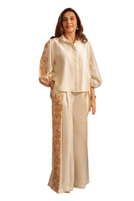 House Of Inari Off White Pure Silk Chanderi Embroidery Blossom Collar Petunia Shirt With Pant Online at Aza Fashions House Of Inari_Off White Pure Silk Chanderi Embroidery Blossom Collar Petunia Shirt With Pant _Online_at_Aza_Fashions