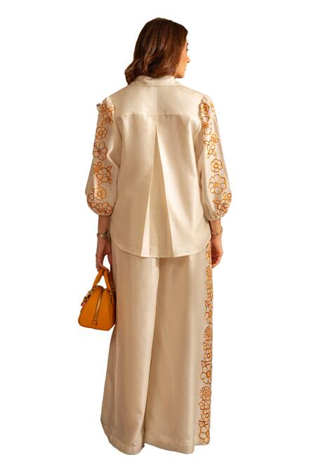 House Of Inari Off White Pure Silk Chanderi Embroidery Blossom Collar Petunia Shirt With Pant at Aza Fashions House Of Inari_Off White Pure Silk Chanderi Embroidery Blossom Collar Petunia Shirt With Pant _at_Aza_Fashions