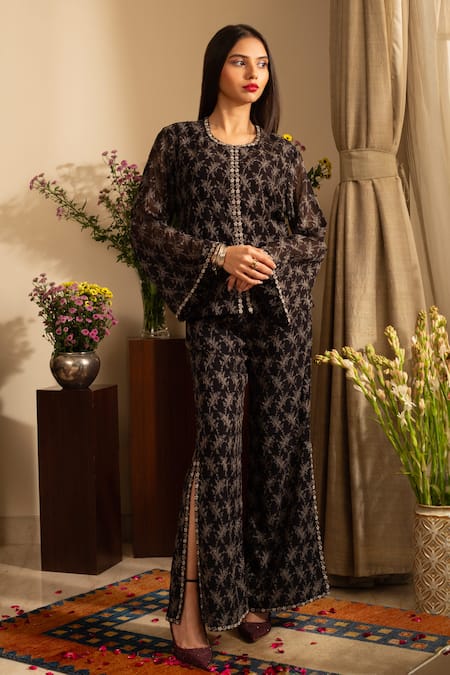 House of Inari Poppy Bloom Embroidered Top With Bell Bottom Pant 