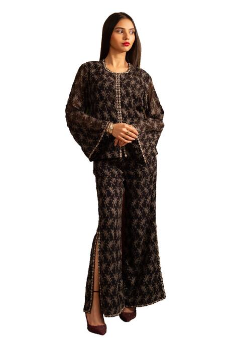 House Of Inari Black Pure Georgette Embroidery Poppy Bloom Scoop Neck Top With Bell Bottom Pant Online at Aza Fashions House Of Inari_Black Pure Georgette Embroidery Poppy Bloom Scoop Neck Top With Bell Bottom Pant _Online_at_Aza_Fashions
