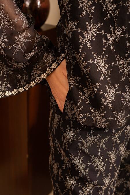 Buy House Of Inari Black Pure Georgette Embroidery Poppy Bloom Scoop Neck Top With Bell Bottom Pant Online at Aza Fashions Buy_House Of Inari_Black Pure Georgette Embroidery Poppy Bloom Scoop Neck Top With Bell Bottom Pant _Online_at_Aza_Fashions