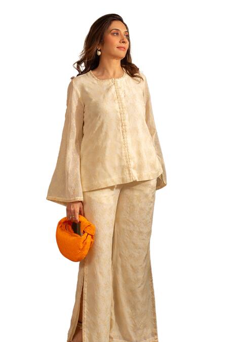 House Of Inari_Off White Pure Georgette Embroidery Poppy Blossom Top With Bell Bottom Pant _Online_at_Aza_Fashions