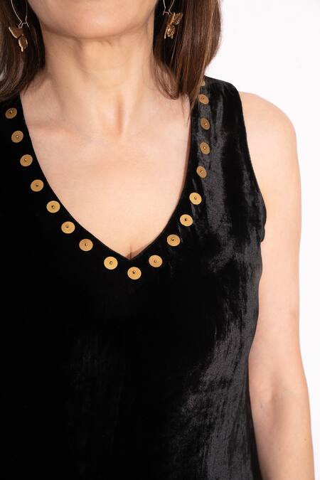 Shop_House Of Inari_Black Silk Velvet Embroidery Sequin V Neck Cowl Draped Gown _Online_at_Aza_Fashions