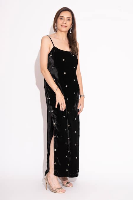 House Of Inari Black Silk Velvet Embroidery Eyelet Round Neck Gown Online at Aza Fashions House Of Inari_Black Silk Velvet Embroidery Eyelet Round Neck Gown _Online_at_Aza_Fashions