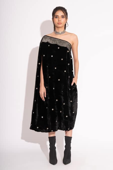 House of Inari Eyelet Embroidered Off Shoulder Silk Velvet Gown 