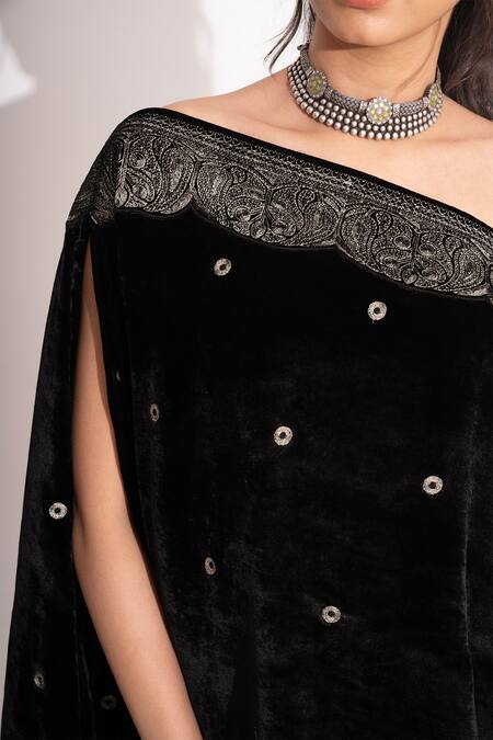 Shop House Of Inari Black Silk Velvet Embroidery Eyelet One Shoulder Off Gown Online at Aza Fashions Shop_House Of Inari_Black Silk Velvet Embroidery Eyelet One Shoulder Off Gown _Online_at_Aza_Fashions