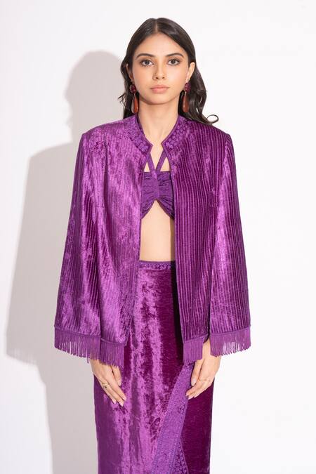 Shop House Of Inari Purple Makhmal Floral Mandarin Collar Embroidered Reversible Jacket Online at Aza Fashions Shop_House Of Inari_Purple Makhmal Floral Mandarin Collar Embroidered Reversible Jacket _Online_at_Aza_Fashions