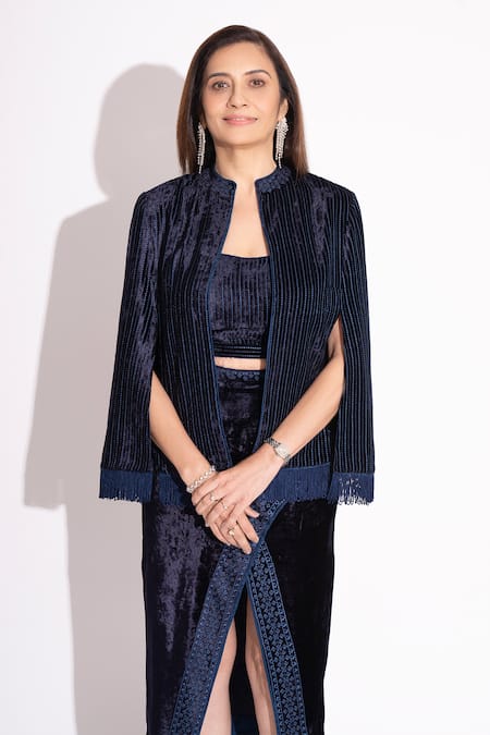 House Of Inari Blue Makhmal Floral Mandarin Collar Blossom Embroidered Reversible Jacket Online at Aza Fashions House Of Inari_Blue Makhmal Floral Mandarin Collar Blossom Embroidered Reversible Jacket _Online_at_Aza_Fashions