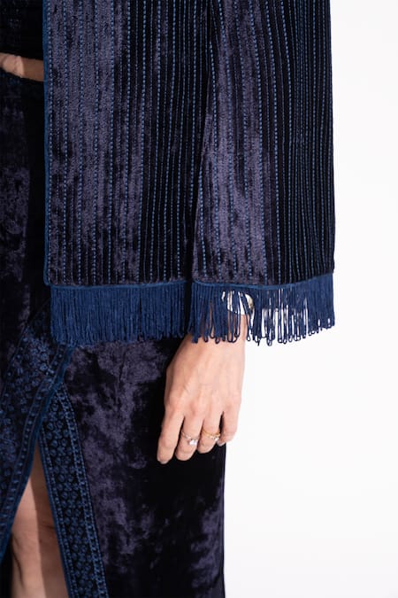 Buy House Of Inari Blue Makhmal Floral Mandarin Collar Blossom Embroidered Reversible Jacket Online at Aza Fashions Buy_House Of Inari_Blue Makhmal Floral Mandarin Collar Blossom Embroidered Reversible Jacket _Online_at_Aza_Fashions