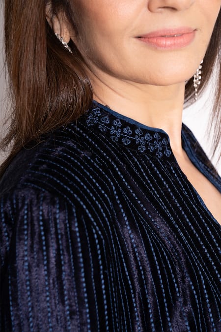 Shop House Of Inari Blue Makhmal Floral Mandarin Collar Blossom Embroidered Reversible Jacket Online at Aza Fashions Shop_House Of Inari_Blue Makhmal Floral Mandarin Collar Blossom Embroidered Reversible Jacket _Online_at_Aza_Fashions