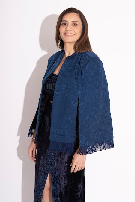 House Of Inari Blue Makhmal Floral Mandarin Collar Blossom Embroidered Reversible Jacket at Aza Fashions House Of Inari_Blue Makhmal Floral Mandarin Collar Blossom Embroidered Reversible Jacket _at_Aza_Fashions