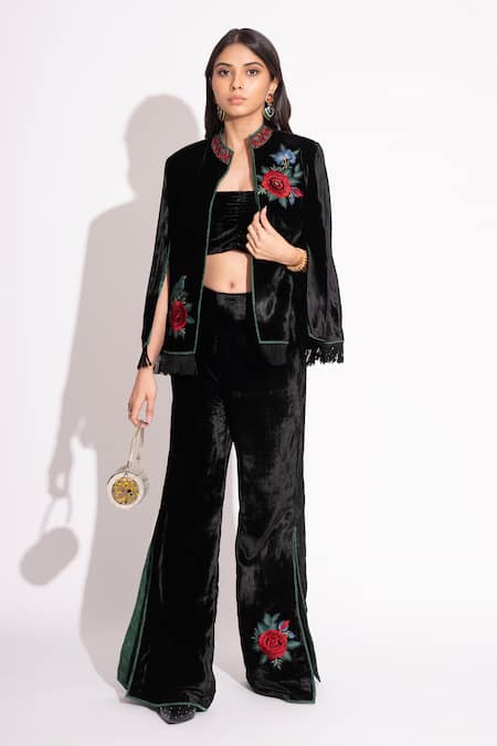 House Of Inari Black Silk Velvet Embroidery Midnight Rose Mandarin Collar Jacket 