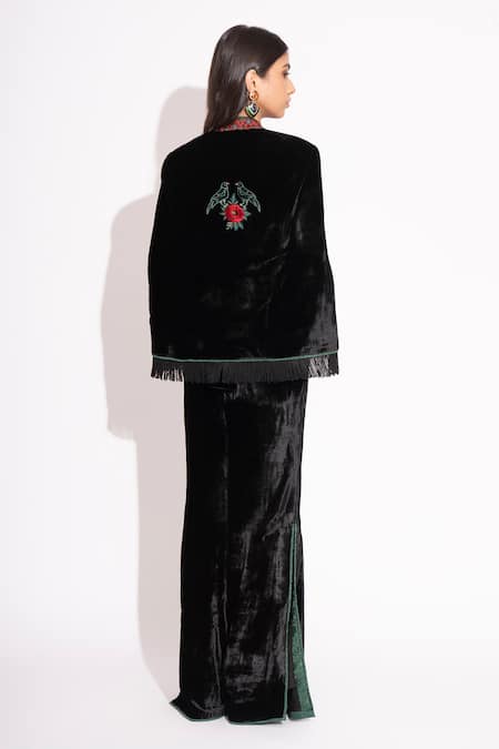 Shop House Of Inari Black Silk Velvet Embroidery Midnight Rose Mandarin Collar Jacket at Aza Fashions Shop_House Of Inari_Black Silk Velvet Embroidery Midnight Rose Mandarin Collar Jacket _at_Aza_Fashions