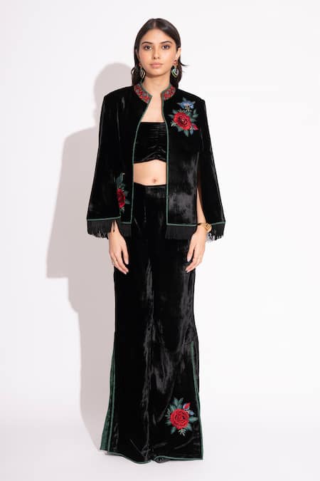 House Of Inari Black Silk Velvet Embroidery Midnight Rose Mandarin Collar Jacket Online at Aza Fashions House Of Inari_Black Silk Velvet Embroidery Midnight Rose Mandarin Collar Jacket _Online_at_Aza_Fashions